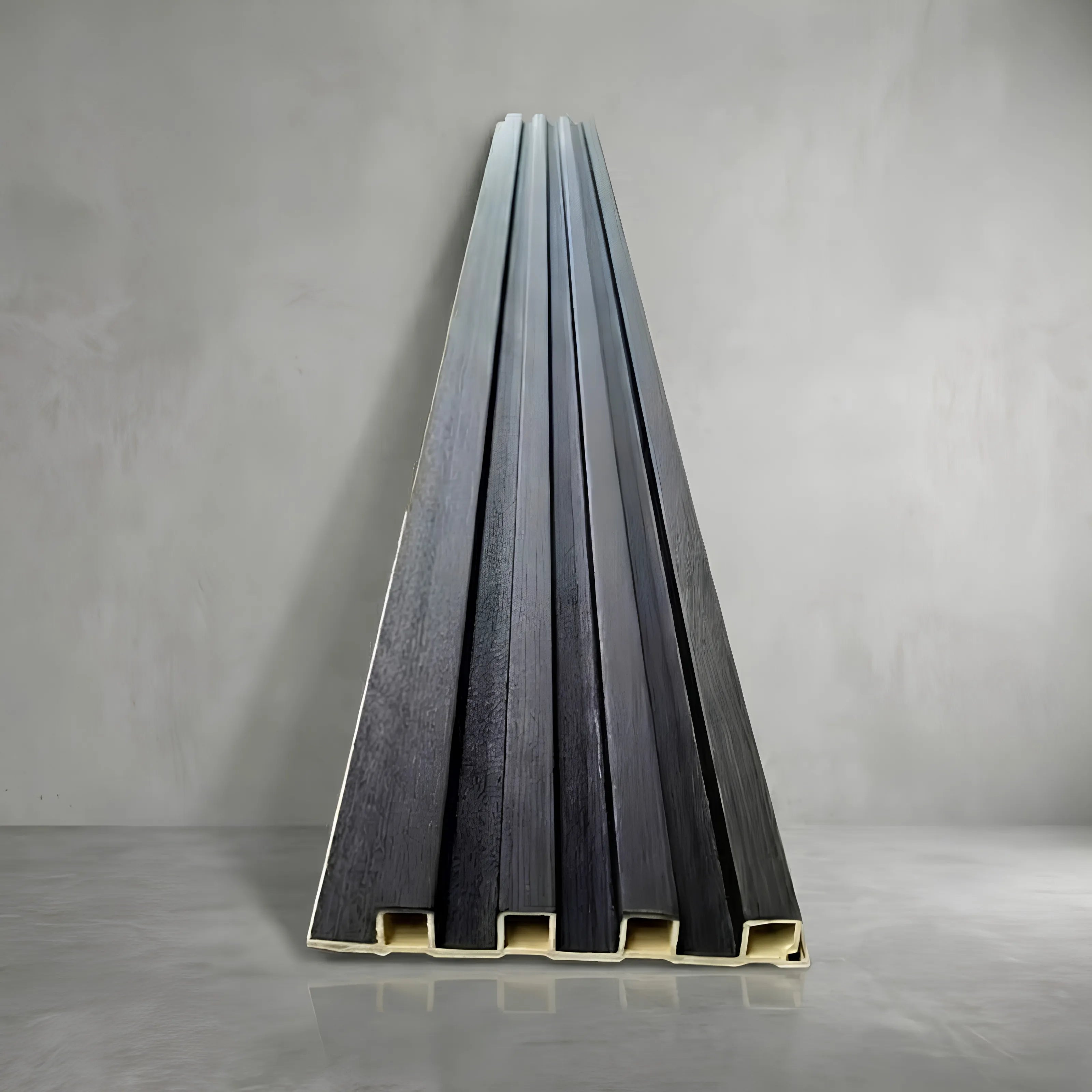 Full view of black wood-effect WPC wall panel with interlocking profile – Solid Furniture UK