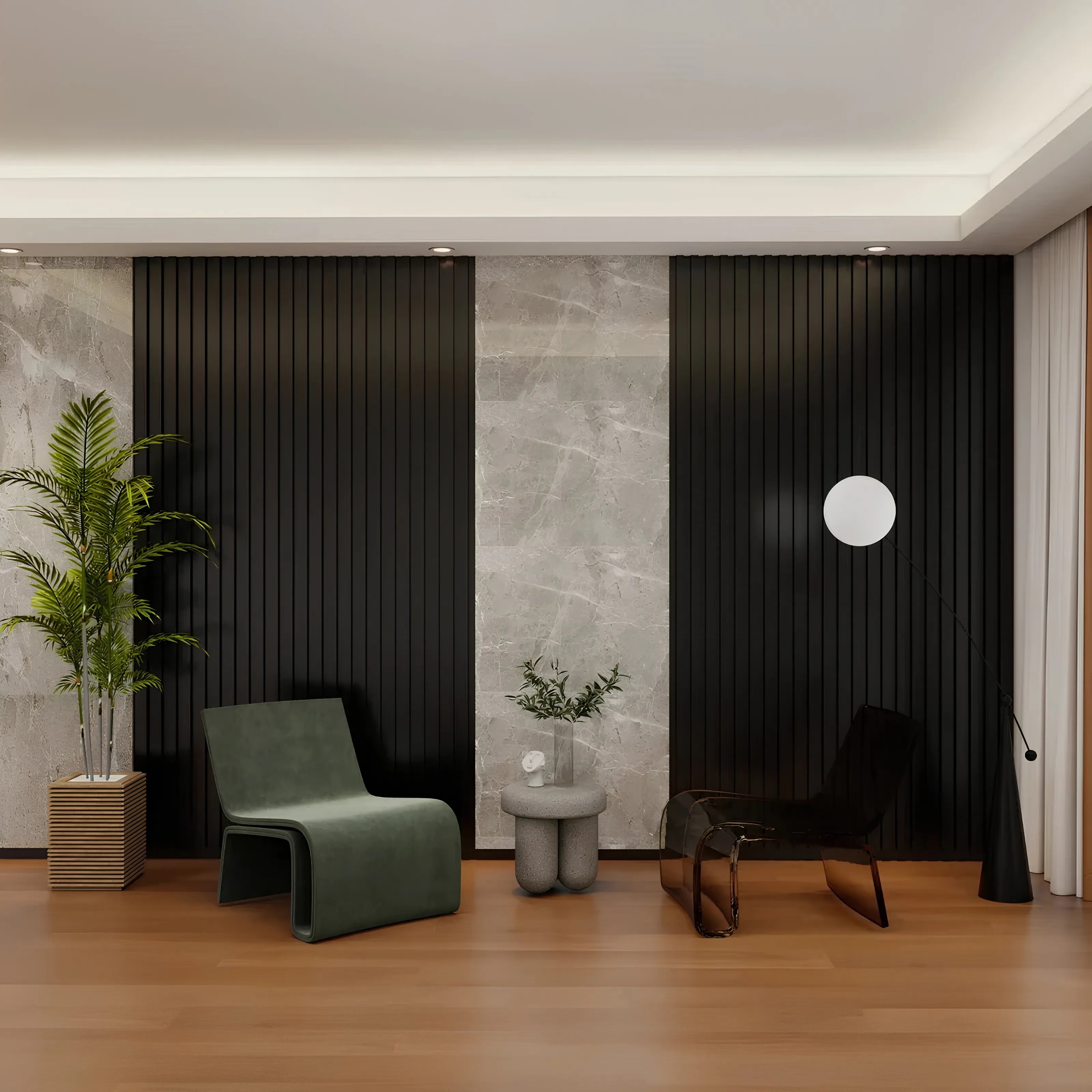Black WPC wall panels installed on a living room feature wall – Solid Furniture UK