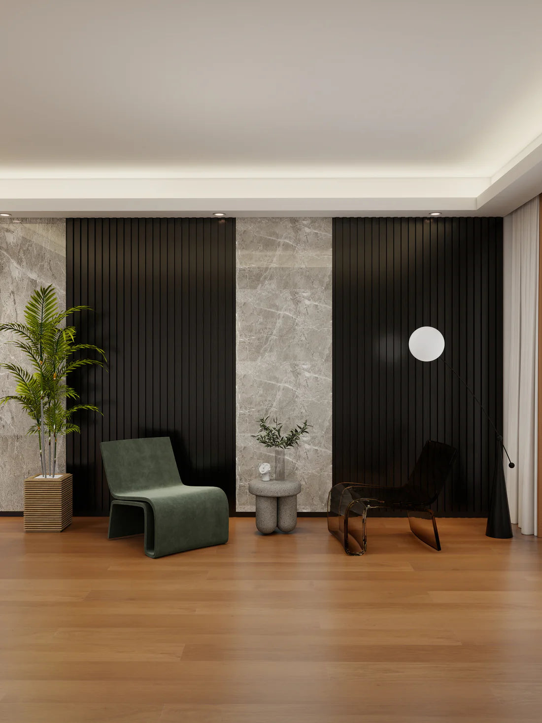 Room-installed view of black WPC wall panels from Solid Furniture UK creating a modern feature wall with seamless design, waterproof finish, and luxury interior cladding style.
