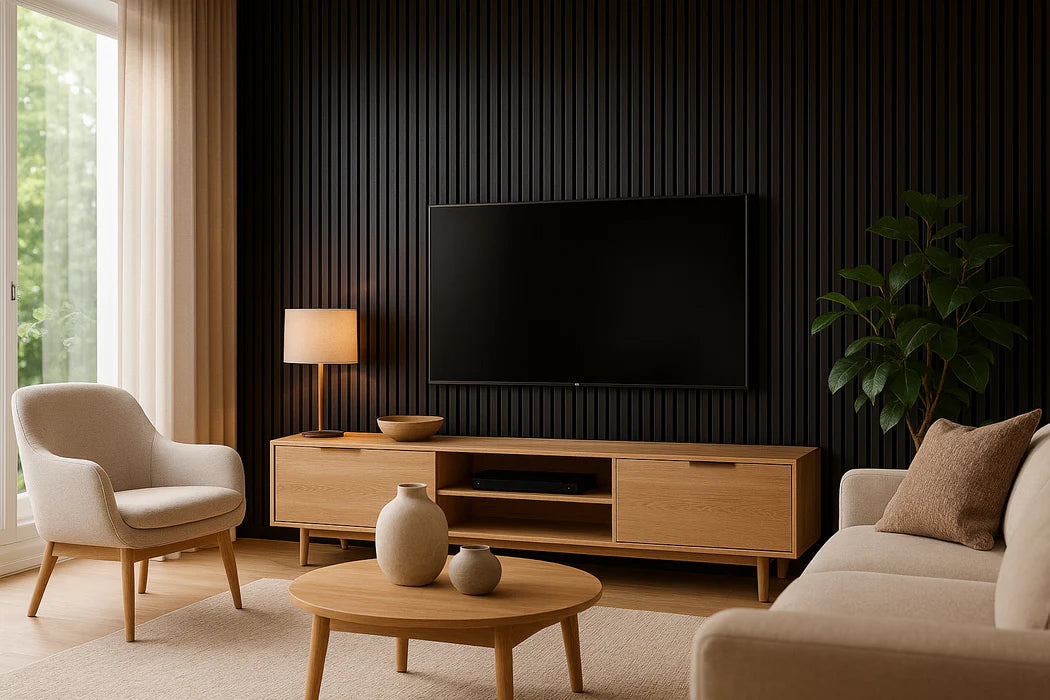 Modern interior featuring 3-sided black acoustic slat panels (32 x 240mm) installed on a feature wall, highlighting depth and contrast in a living space. solid furniture UK