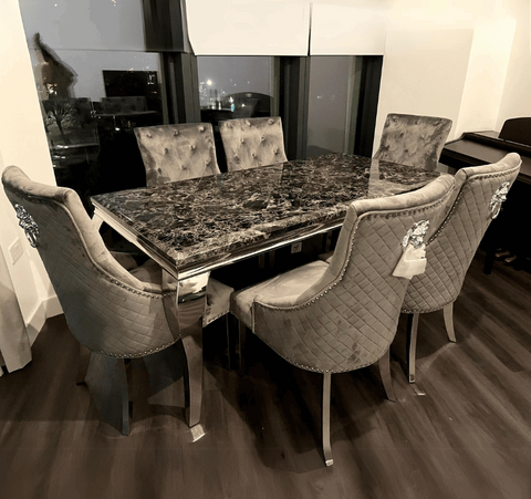 Louis Black Marble Dining Table With Dark Grey Dining Chairs