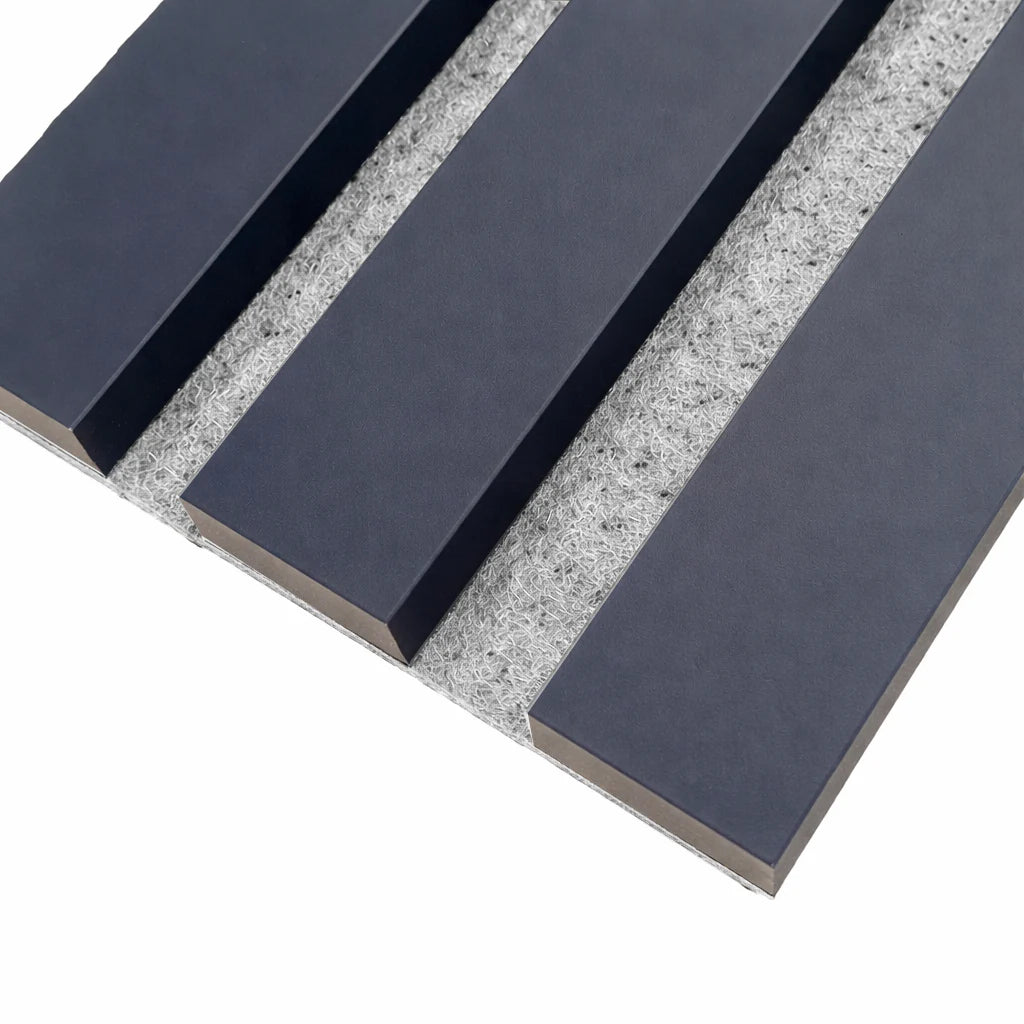 Close-up of blue on grey felt 3-sided acoustic slat wall panel 32 x 240 cm highlighting slat texture spacing and grey felt backing solid furniture UK