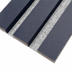 Close-up of blue on grey felt 3-sided acoustic slat wall panel 32 x 240 cm highlighting slat texture spacing and grey felt backing solid furniture UK