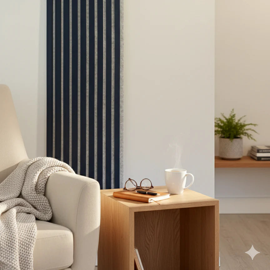 Side profile of blue on grey felt 3-sided acoustic slat wall panel 32 x 240 cm showing slat depth spacing and panel thickness solid furniture UK