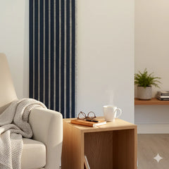 Side profile of blue on grey felt 3-sided acoustic slat wall panel 32 x 240 cm showing slat depth spacing and panel thickness solid furniture UK