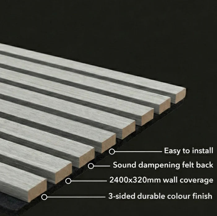 Detailed dimension diagram of blue on grey felt 3-sided acoustic panel 32 x 240 cm showing 27 mm slat width 12 mm depth 13 mm gap and 10 mm felt thickness. solid furniture UK