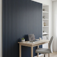 Front main view of blue on grey felt 3-sided acoustic slat wall panel 32 x 240 cm showing bold vertical slats and modern design solid furniture UK