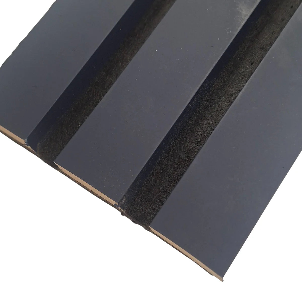 Close-up of 3-sided Blue Color Acoustic Slat Panel with slat size 32 x 240mm, showing smooth finished edges, consistent color, and built-in acoustic felt backing for sound absorption.