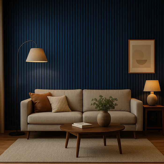 Close-up view of 3-sided Blue Color Slat Wall Panels (32 x 240mm slats) installed in a modern room, highlighting texture, depth, and premium finish.