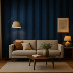 Close-up view of 3-sided Blue Color Slat Wall Panels (32 x 240mm slats) installed in a modern room, highlighting texture, depth, and premium finish.