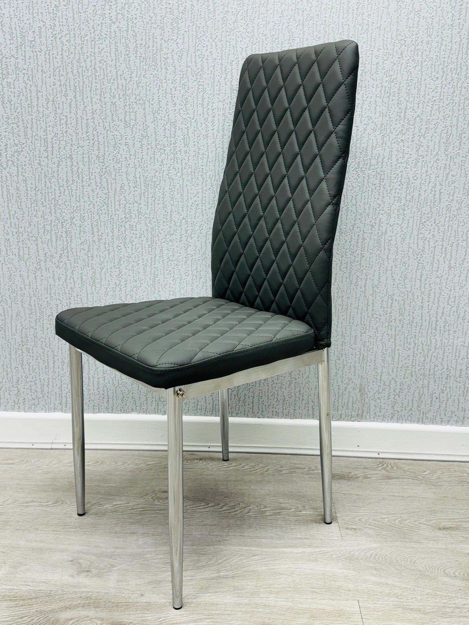 Grey California PU Dining Chair front view with faux leather upholstery and chrome legs by Solid Furniture UK