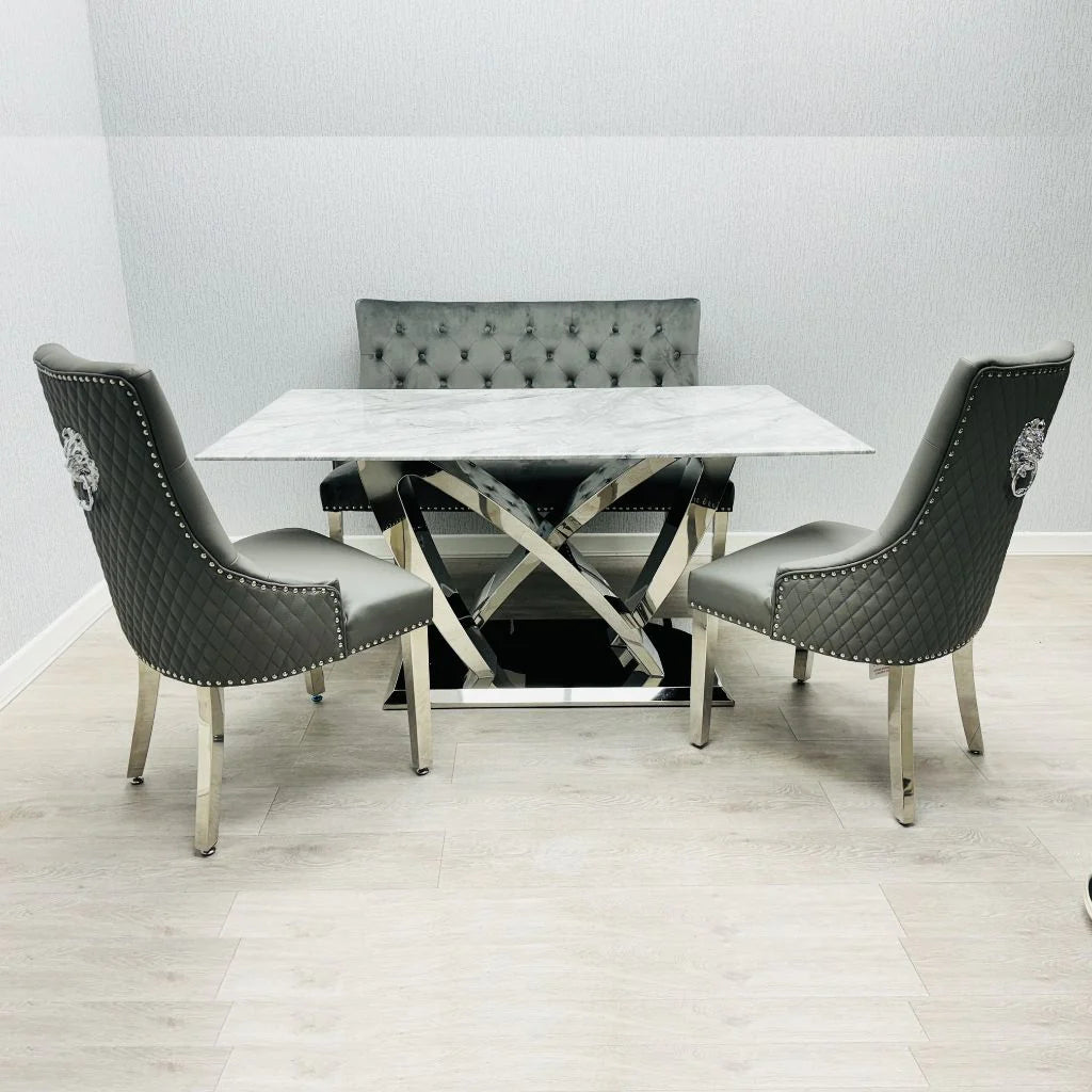 Luxury California Grey Marble dining set main view by Solid Furniture UK featuring marble table and velvet chairs