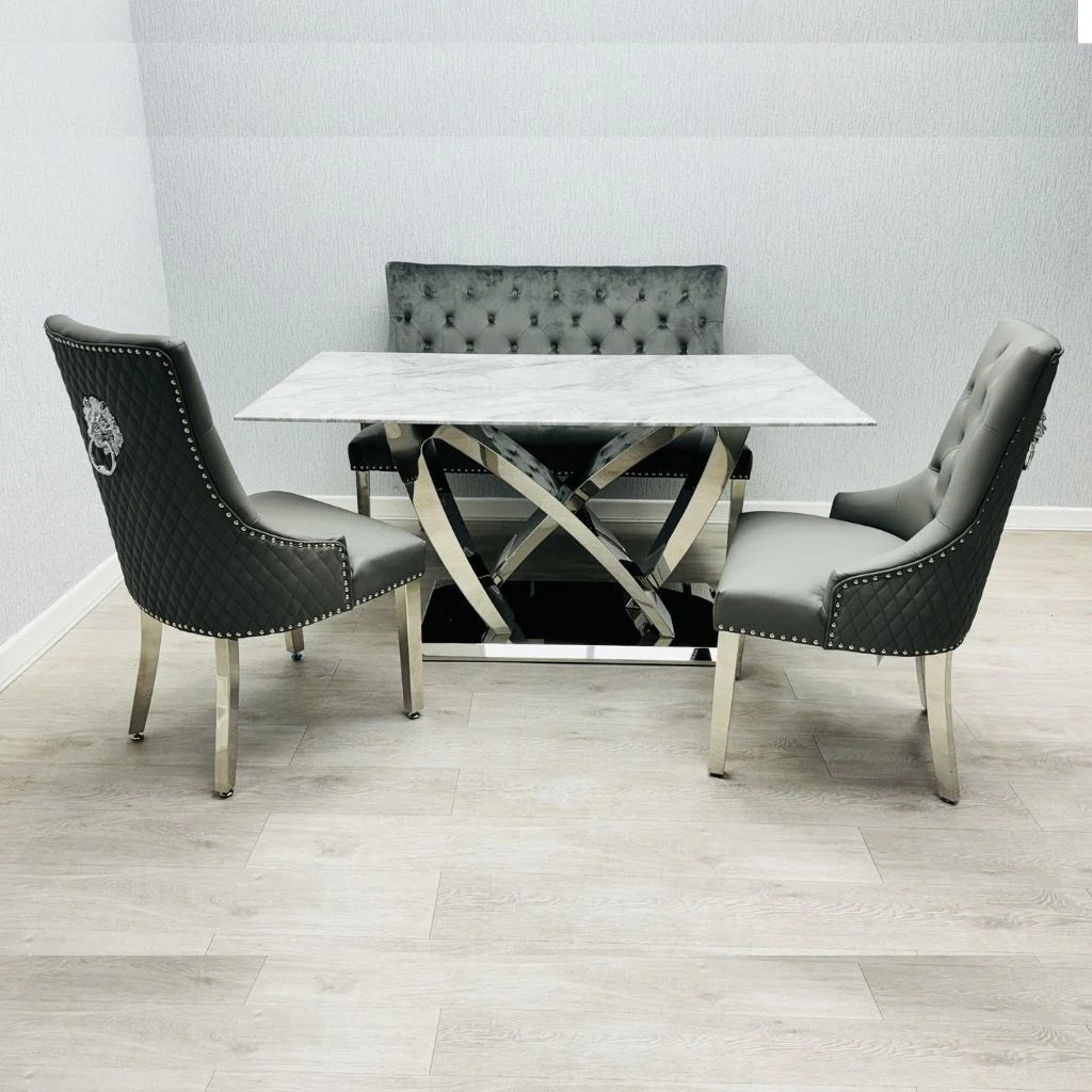 Side view of California Grey Marble dining set by Solid Furniture UK with velvet dining chairs and chrome base table