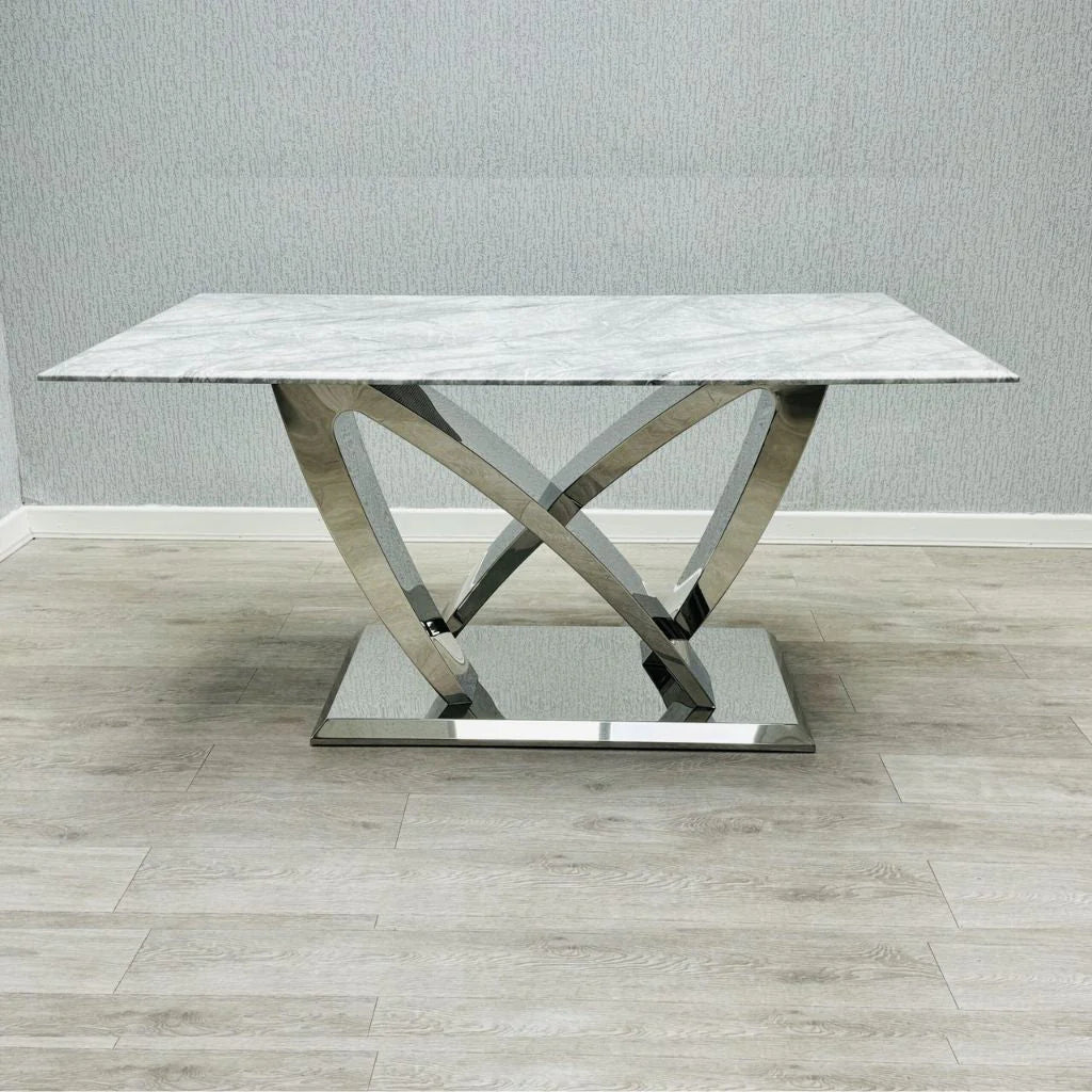 Luxury California Grey Marble dining table main view by Solid Furniture UK with chrome pedestal base