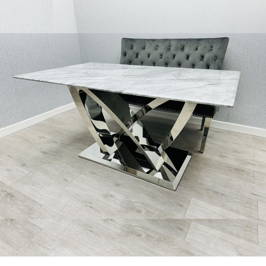 Side view of California Grey Marble Dining Table highlighting chrome base design and elegant marble tabletop finish solid furniture UK