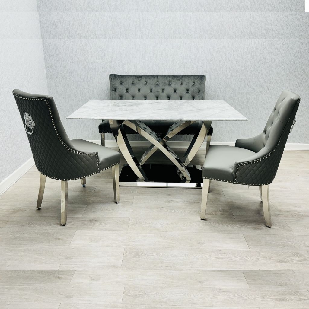 California Grey Marble Dining Table with dining chairs showing modern luxury dining set ideal for family dining and entertaining solid furniture UK