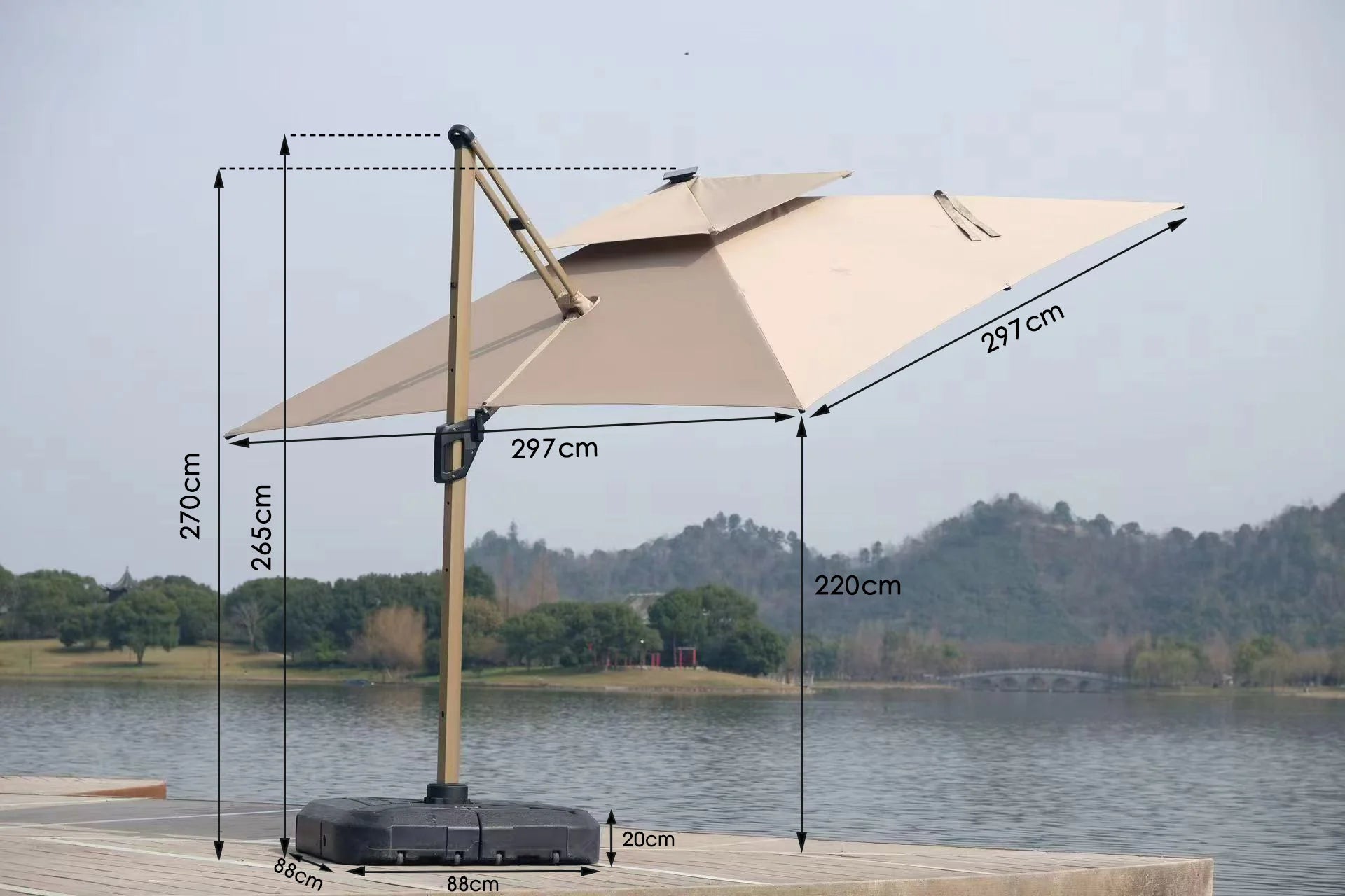 Dimension guide for Camber 3m square cantilever parasol with integrated solar LED lights showing canopy, height, and base measurements solid furniture UK