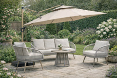 Beige khaki Camber 3m square cantilever parasol with integrated LED lights for outdoor dining areas solid furniture UK
