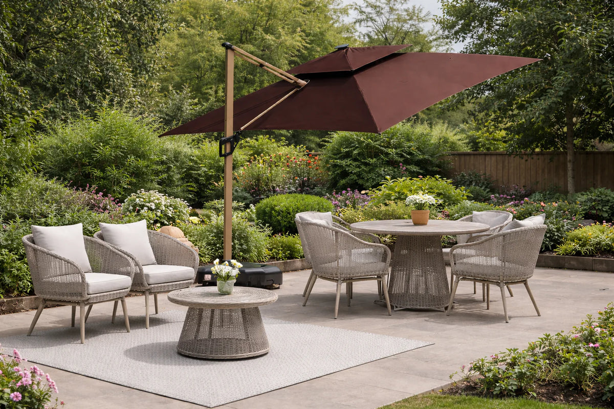Brown coffee Camber 3m square cantilever parasol with solar powered LED lighting and aluminium frame solid  furniture UK