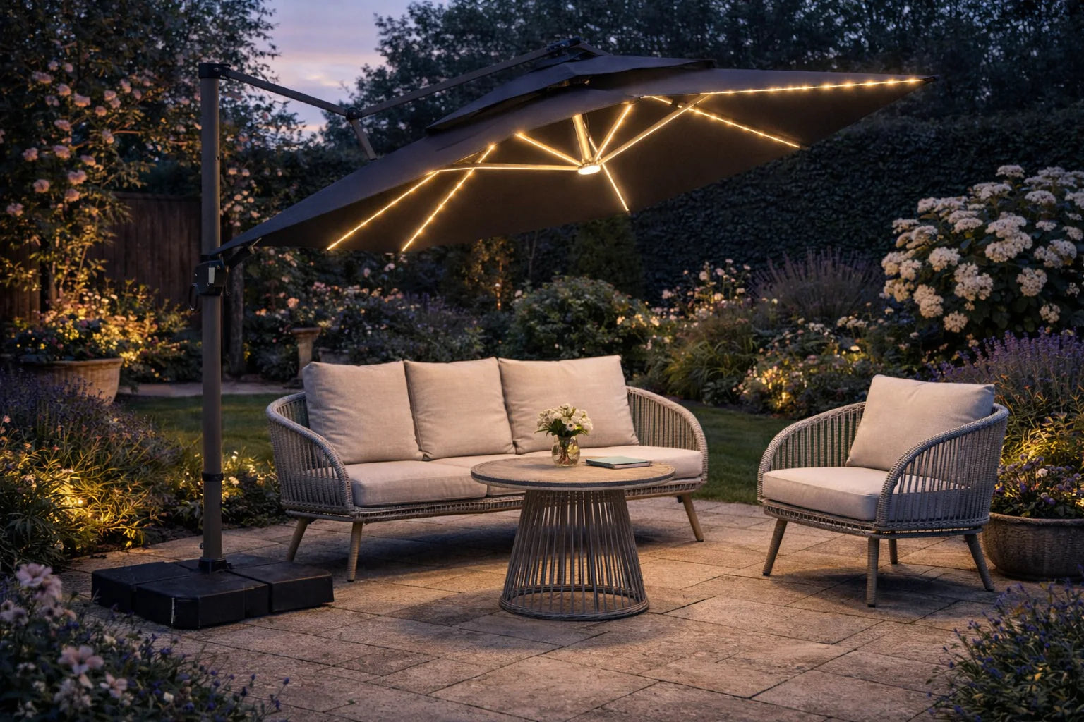 Camber garden parasol with built in solar LED lights illuminated during evening outdoor use solid furniture UK