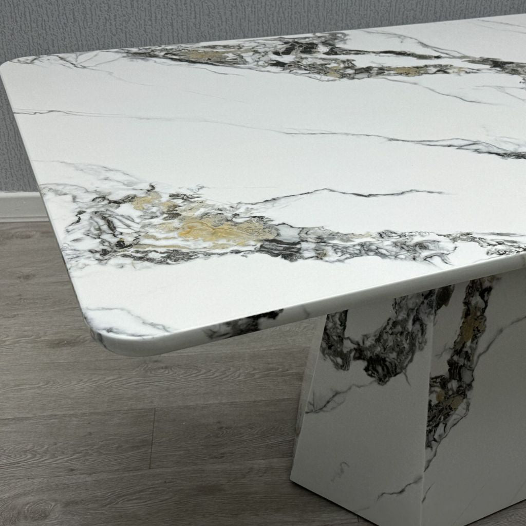 Side view of Capri grey and white marble effect dining table showing sleek rectangular structure and modern design profile solid furniture UK