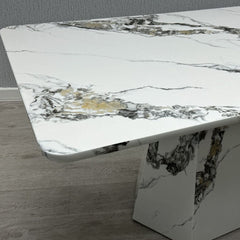 Side view of Capri grey and white marble effect dining table showing sleek rectangular structure and modern design profile solid furniture UK