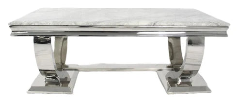 Chelsea 1.2M coffee table side angle with marble top and chrome frame, Solid Furniture UK