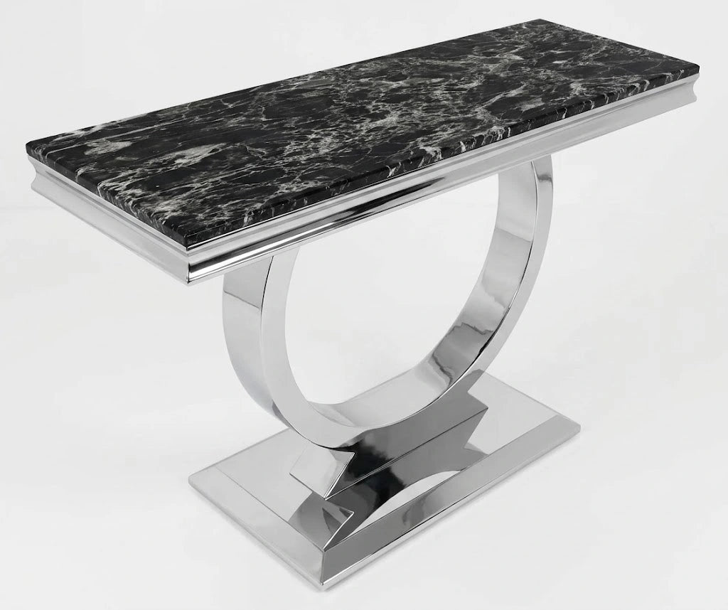 Chelsea 120cm console table with black marble top and polished chrome frame | Solid Furniture UK