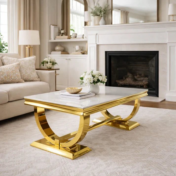 Chelsea 120cm marble coffee table with gold frame in a modern living room | Solid Furniture UK