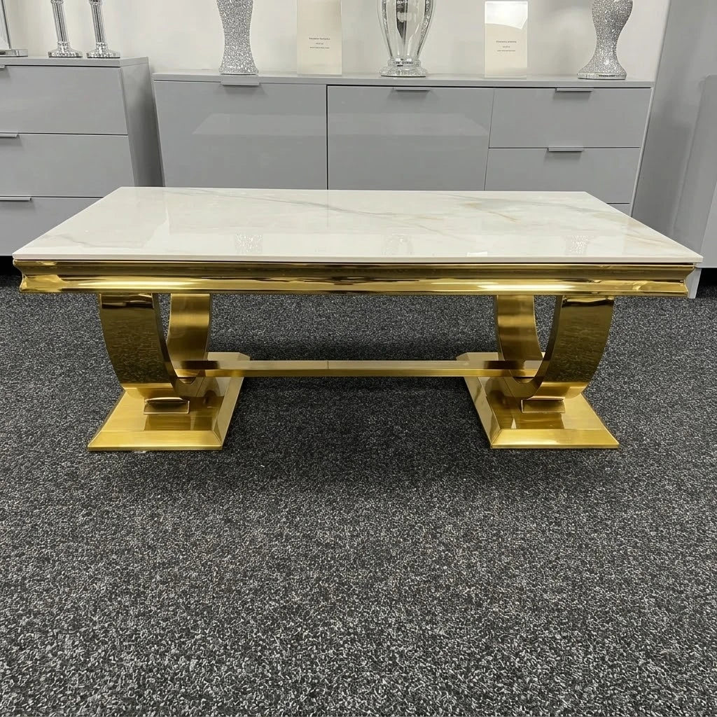 Chelsea 120cm white marble coffee table with gold frame | Solid Furniture UK
