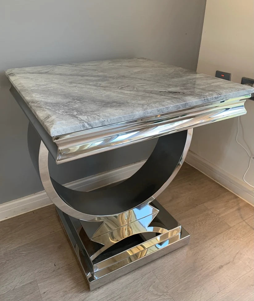 Chelsea 50cm lamp table with grey marble top and chrome base | Solid Furniture UK