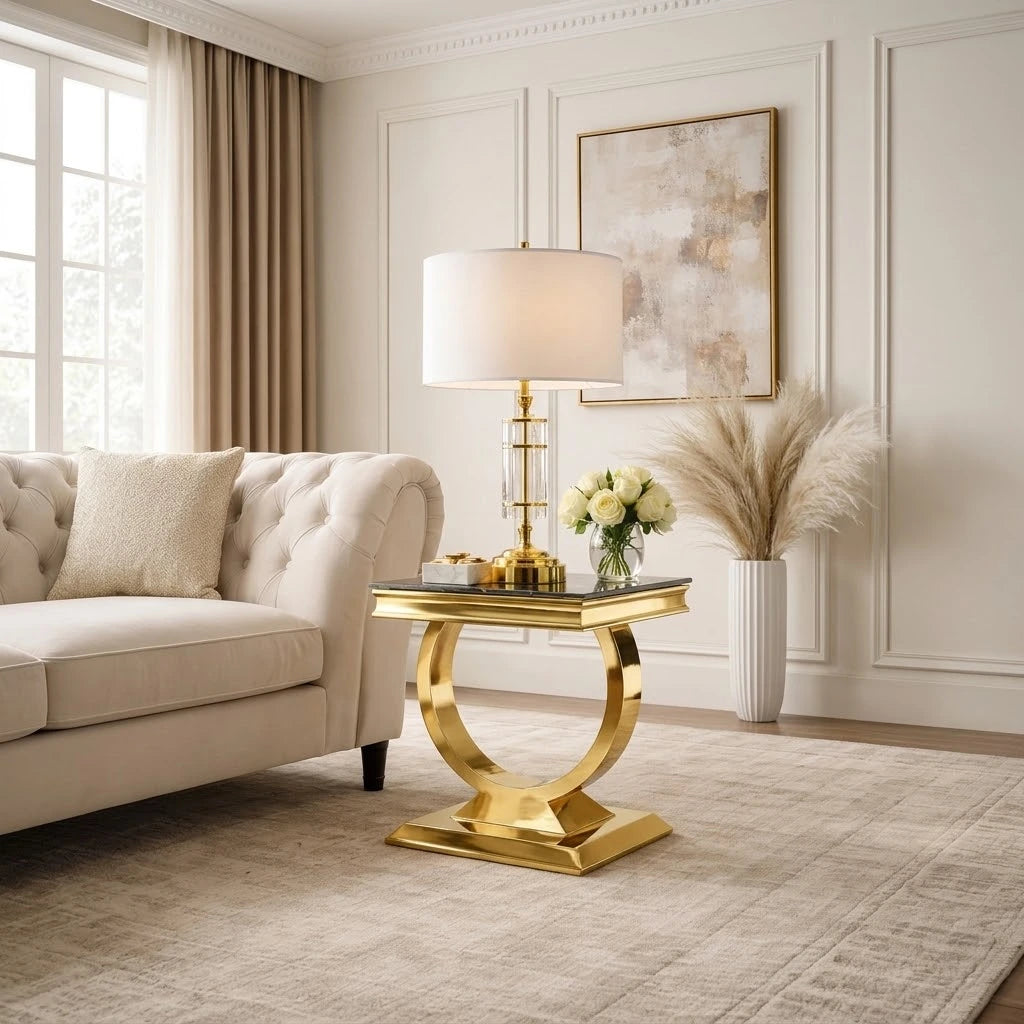 Chelsea 50cm lamp table with gold frame in a modern living room | Solid Furniture UK