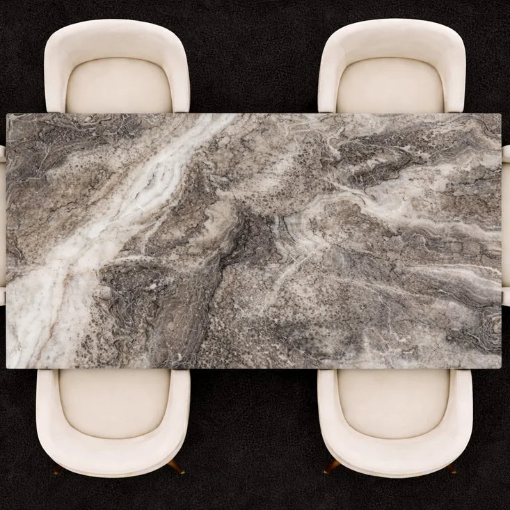 Chelsea dining table with beige marble-effect top and chrome base, Solid Furniture UK