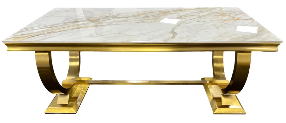 Chelsea dining table with Kasi Gold ceramic top and polished gold base – Solid Furniture UK
