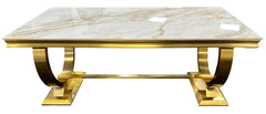 Chelsea dining table with Kasi Gold ceramic top and polished gold base – Solid Furniture UK