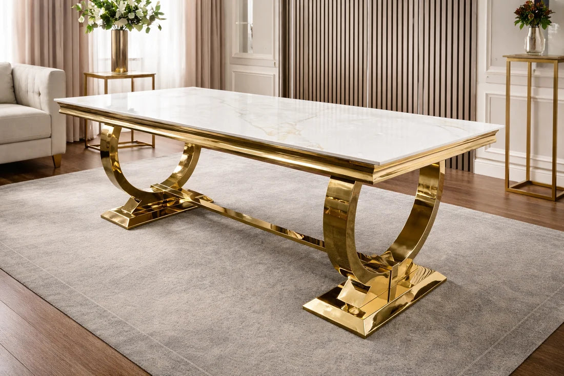 Chelsea dining table with Kasi Gold ceramic top and polished gold base – Solid Furniture UK