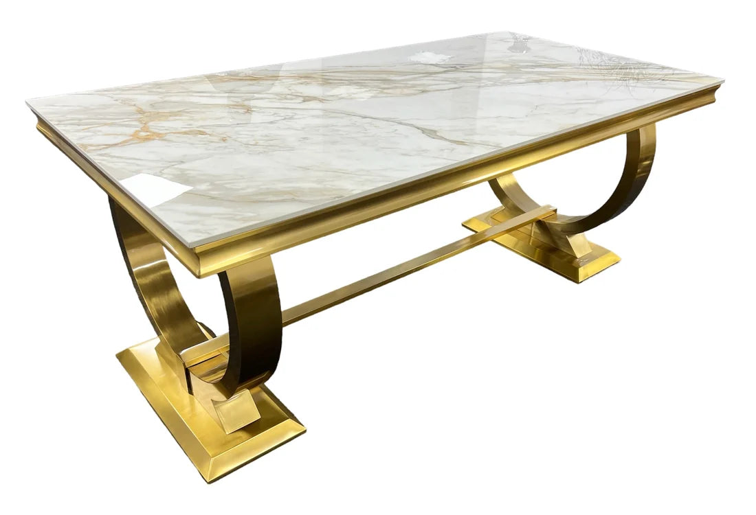 Chelsea dining table side view with Kasi Gold ceramic top and polished gold base – Solid Furniture UK