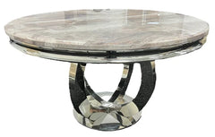 Close-up of Chelsea round dining table marble finish and chrome frame from Solid Furniture UK
