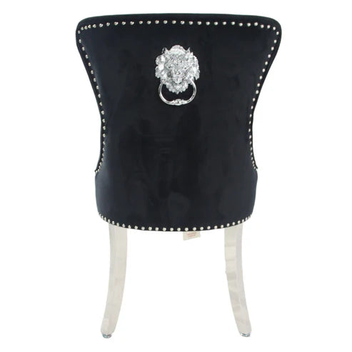 Black Chelsea velvet dining chair back side with lion knocker, chrome legs by Solid Furniture UK, set of 2