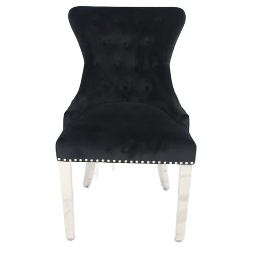 Black Chelsea velvet dining chair main view with lion knocker and chrome legs by Solid Furniture UK, set of 2