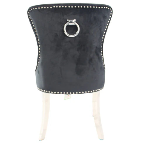 Black Chelsea velvet dining chair back side view with ring knocker and chrome legs by Solid Furniture UK, set of 2