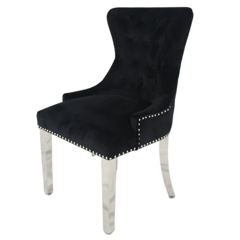 Black Chelsea velvet dining chair side angle view with ring knocker and chrome legs by Solid Furniture UK, set of 2