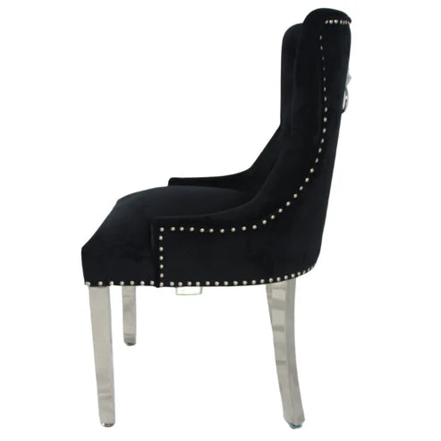 Black Chelsea velvet dining chair side view with ring knocker and chrome legs by Solid Furniture UK, set of 2