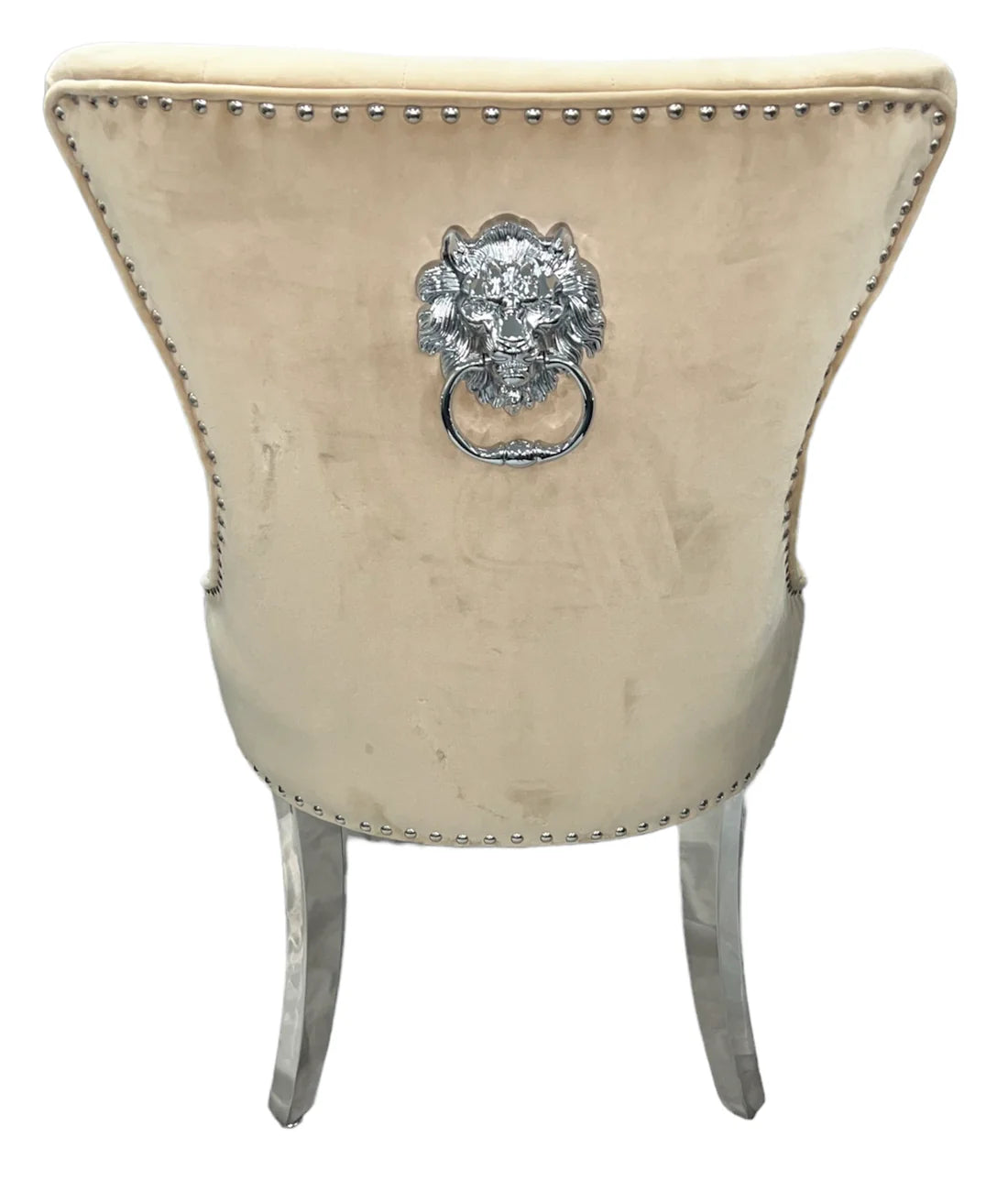 Cream Chelsea velvet dining chair back side with lion knocker, chrome legs by Solid Furniture UK, set of 2