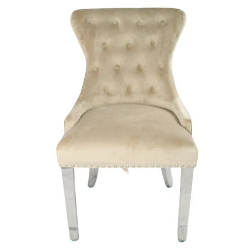 Cream Chelsea velvet dining chair main view with lion knocker and chrome legs by Solid Furniture UK, set of 2