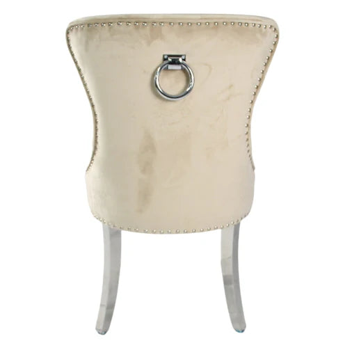 Cream Chelsea velvet dining chair back side view with ring knocker and chrome legs by Solid Furniture UK, set of 2