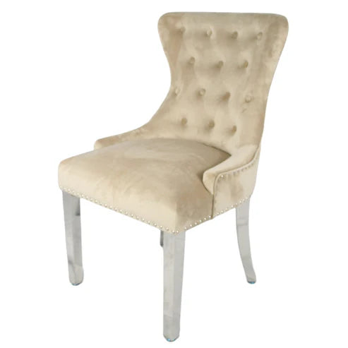 Cream Chelsea velvet dining chair side angle view with ring knocker and chrome legs by Solid Furniture UK, set of 2