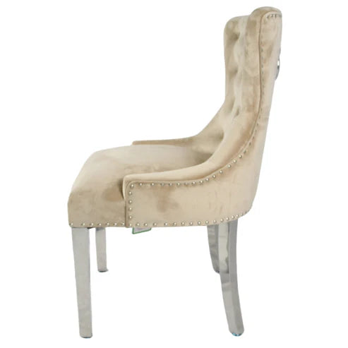 Cream Chelsea velvet dining chair side view with ring knocker and chrome legs by Solid Furniture UK, set of 2