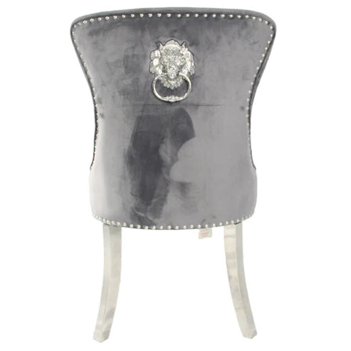 Dark grey Chelsea velvet dining chair back side with lion knocker, chrome legs by Solid Furniture UK, set of 2