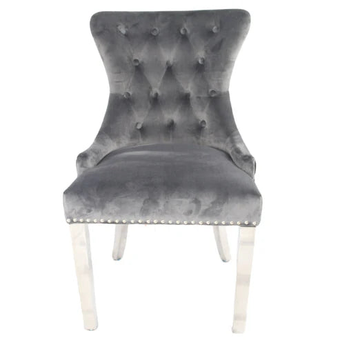 Dark grey Chelsea velvet dining chair main view with lion knocker and chrome legs by Solid Furniture UK, set of 2
